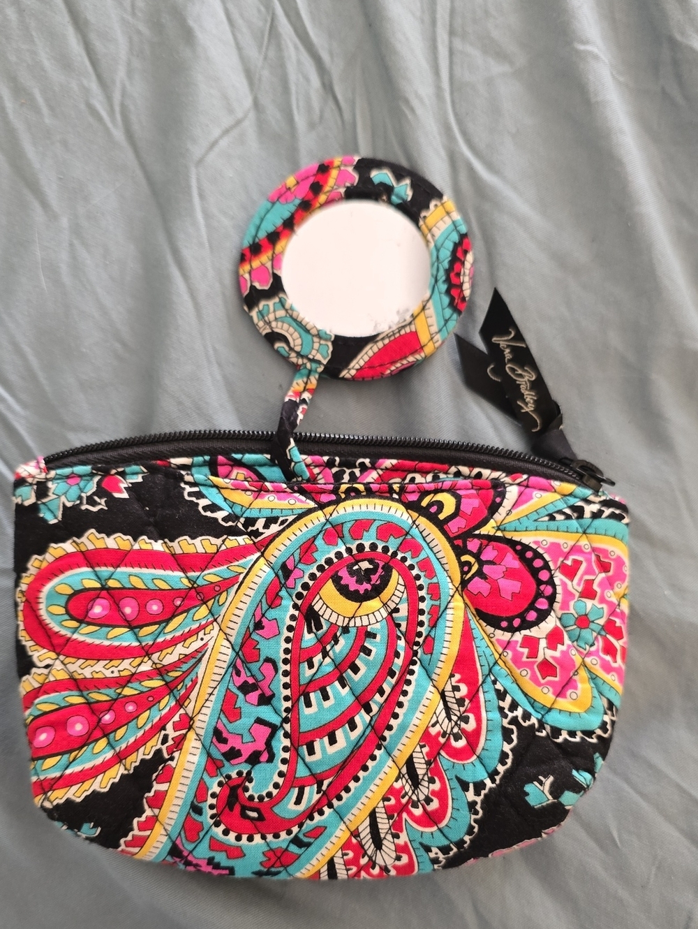 Vera Bradley Black Turquoise Pink Paisley Quilted Cosmetic Pouch with Mirror